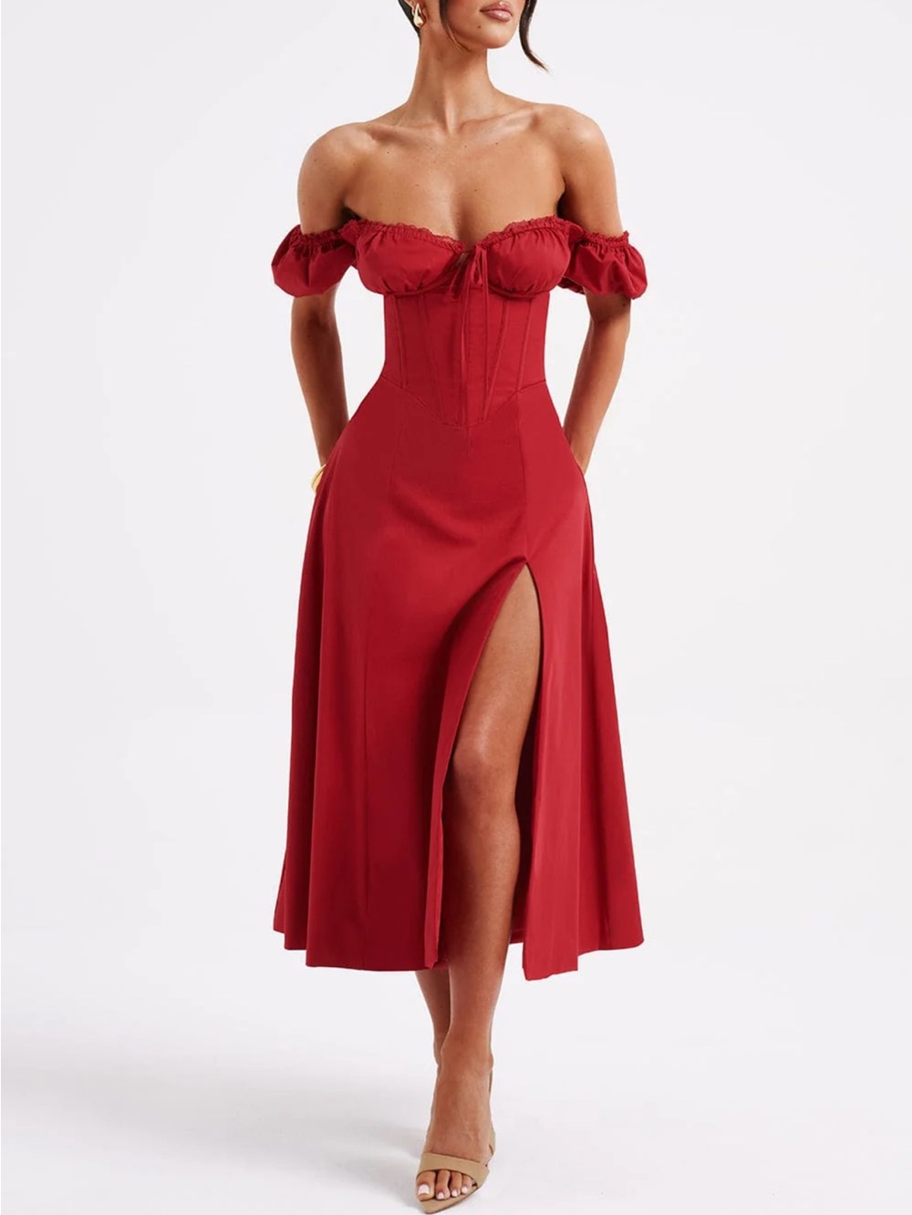 BABYBOO- Off-Shoulder Red Corset Midi Dress with High Slit